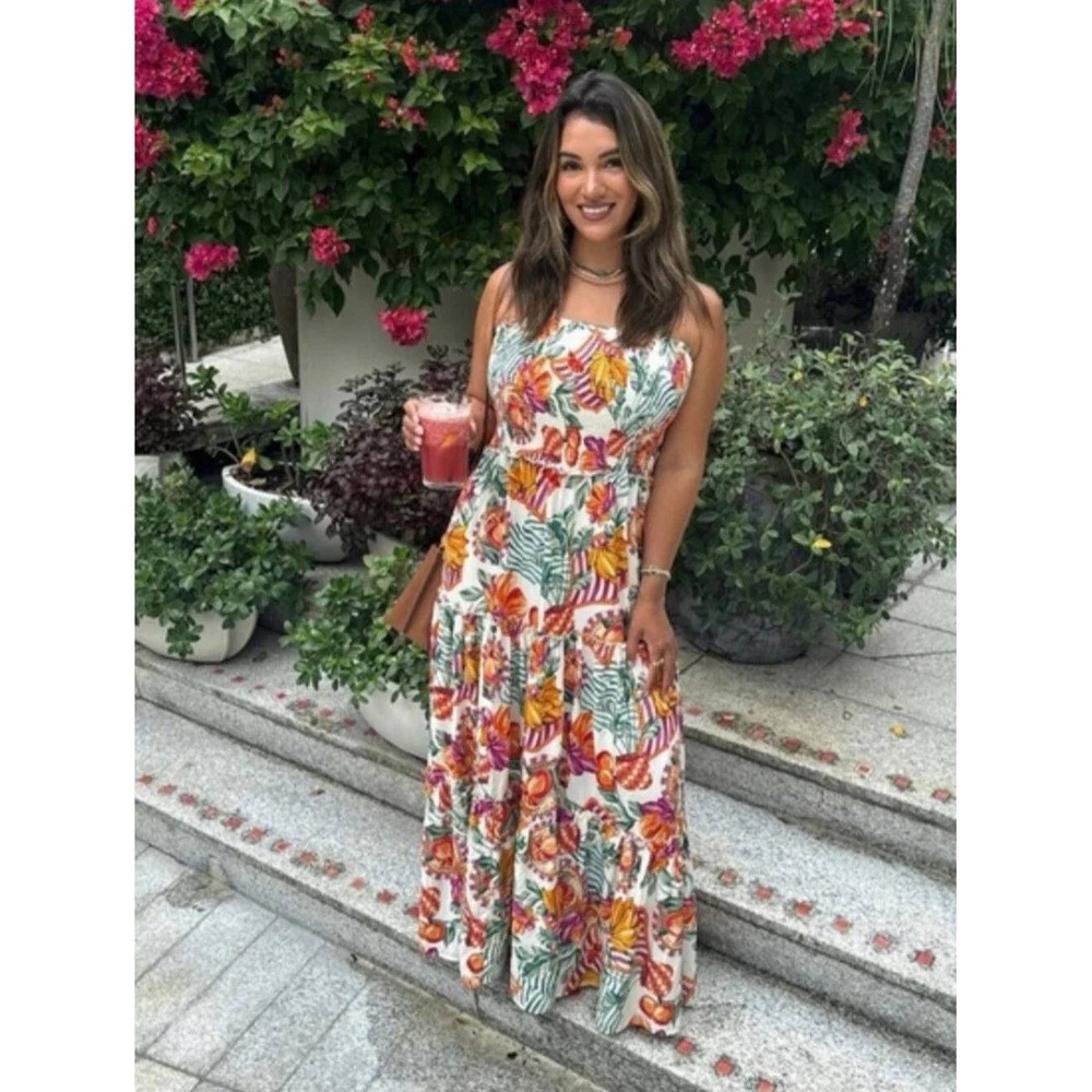 Abel The Label Floral Tropical Strapless Smocked Tiered Maxi Dress Size S